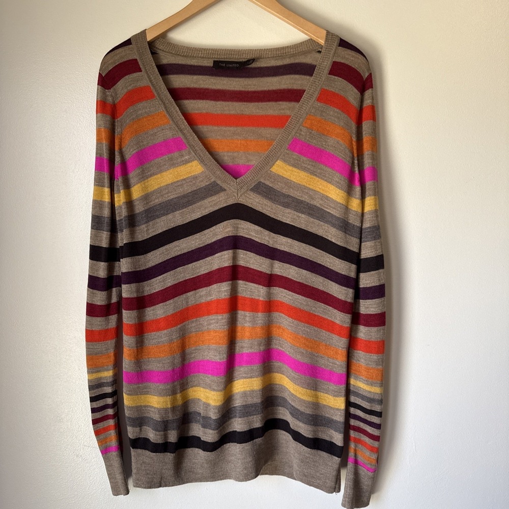 The Limited Y2K Fitted Brown Stripe V Neck Top Wool Blend Preppy Classic Size L